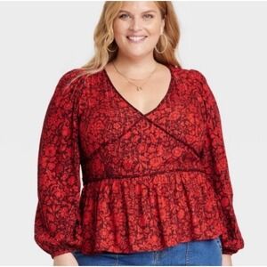 Knox Rose Red‎ Burgundy Metallic Floral Long Sleeve Peplum V Neck Blouse Top XL